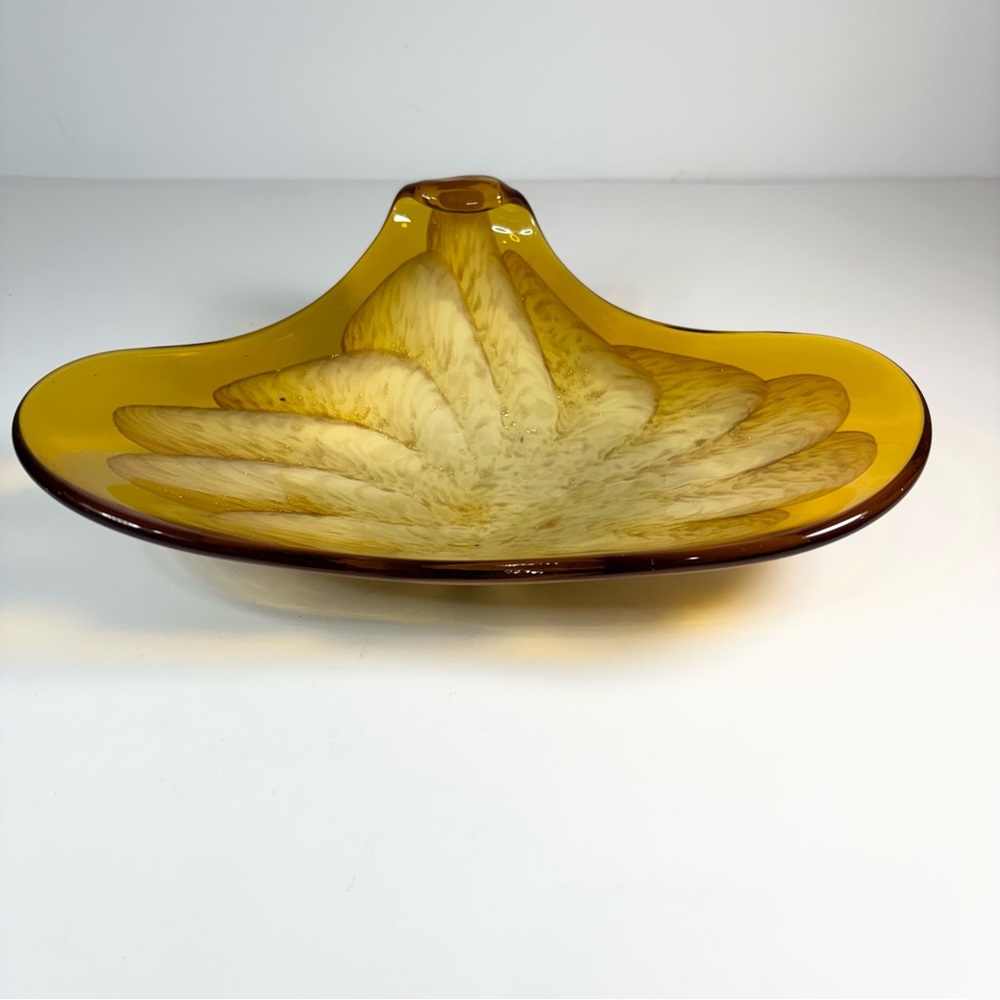 Amber Art Glass MCM Bowl Copper Aventurine Hand Blown Candy Dish